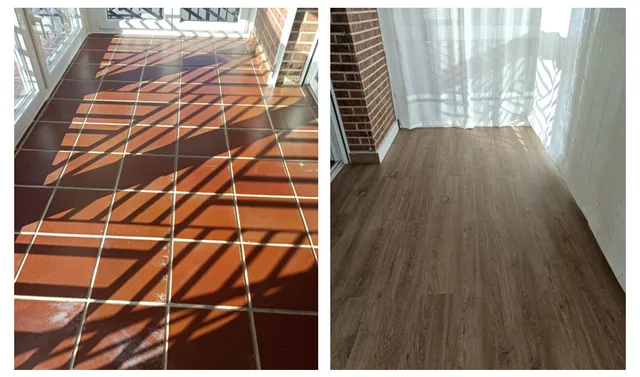 Antes y después, instalación de suelo laminado en terraza que ha sido transformada en salón