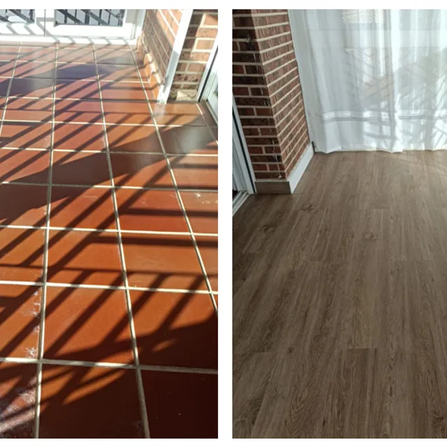Antes y después, instalación de suelo laminado en terraza que ha sido transformada en salón