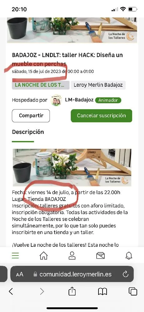 el Taller es el viernes 14/7 o el sábado 15/07 ?