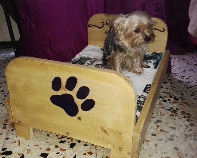 Una cama para perro con panel de pino macizo