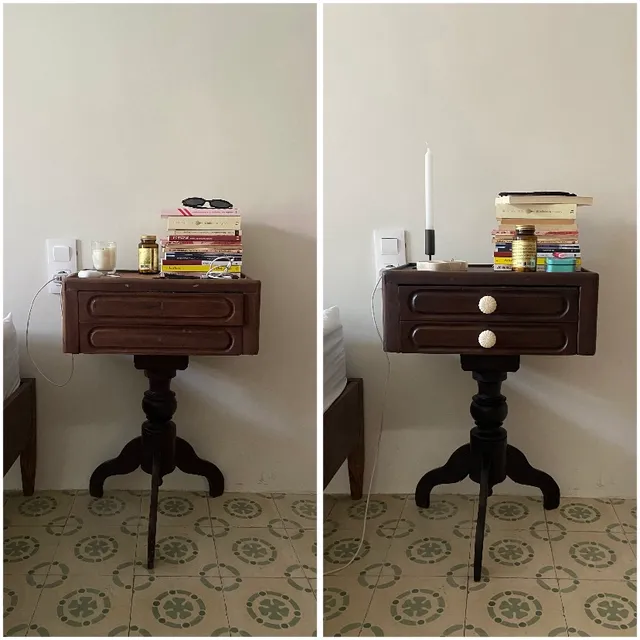 Restauración de una mesita de noche de madera con acabado nogal